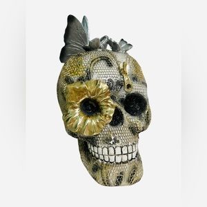 Gothic Medium Size Skull Gold & Silver Lace Butterfly design Table Top Decor
